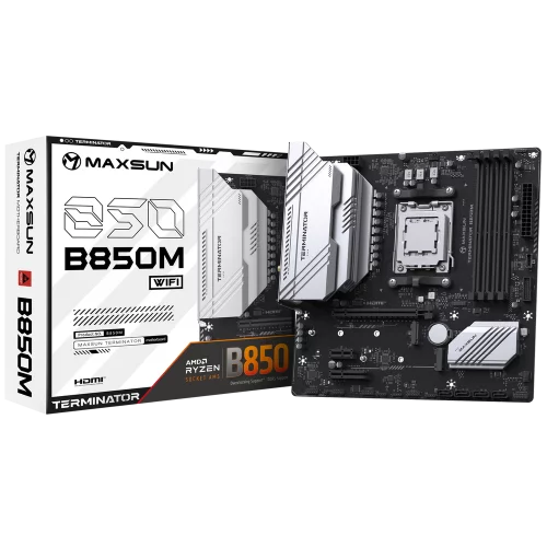Материнская плата Maxsun MS-Terminator B850M WIFI B850, AM5, 4*DDR5, 1*PCIEx16, 1*PCIEx4, 1*PCIEx1, 2*M.2, 2*TypeC, 6*USB3.2Gen1, 6*USB2.0, 4*SATA3.0, 2.5G, DP, HDMI, M-ATX, RTL (6940709661741)