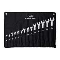 Набор комбинированных гаечных ключей 14 шт Deli DL130014A (размеры 6,7,8,9,10,11,12,13,14,15,17,19,22,24 мм, матовая хромированная поверхность, чехол из ткани Оксфорд)