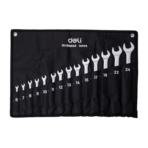 Набор комбинированных гаечных ключей 14 шт Deli DL130014A (размеры 6,7,8,9,10,11,12,13,14,15,17,19,22,24 мм, матовая хромированная поверхность, чехол из ткани Оксфорд)