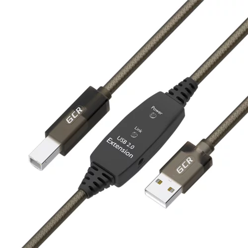 GCR Кабель активный 15.0m USB 2.0, AM/BM, черно-прозрачный, с усилителем сигнала, разъём для доп.питания, 24/22 AWG (GCR-53778)