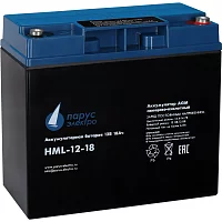 Battery Parus Electro, professional series HML-12-18, voltage 12V, capacity 18Ah (discharge 20 hours), max. discharge current (5sec) 225A, max. charge current 6.8A, lead-acid AGM type, M5 bolt terminals, LxWxH 181x77x167mm., total height with terminals 16