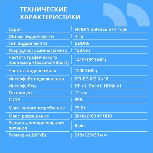 Видеокарта CBR GTX1650 4Gb GDDR6, 128bit, 1410-1590Mhz, 1*DP + 1*HDMI + 1*DVI, 75W, Ret [VGA-STX1650-4G-RTL] фото 2