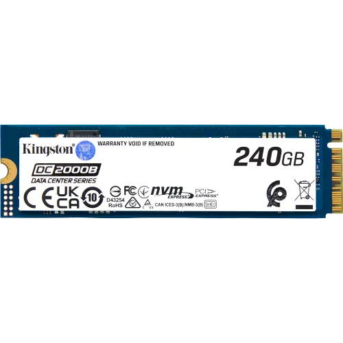 Твердотельный накопитель/ Kingston SSD DC2000B 240GB, M.2 22x80mm, NVMe, PCIe Gen 4x4, 3D TLC, R/ W 4500/ 400MB/ s, IOPs 260 000/ 18 000, TBW 175, DWPD 0.4 No Heatsink) (12 мес) (SEDC2000BYM8/240G)