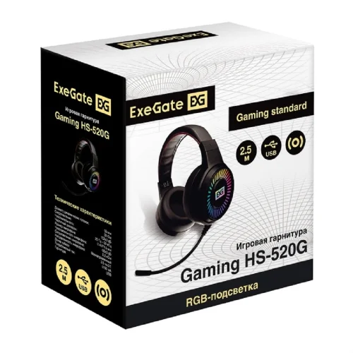 Exegate EX295316RUS Полноразмерные игровые наушники с микрофоном (гарнитура) ExeGate Gaming HS-520G (USB, 2x3.5мм, динамик 40мм, 20-20000Гц, длина кабеля 2.5м, регулировка громкости, RGB подсветка) фото 2