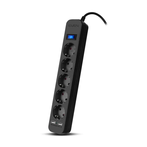 Фильтр SVEN SF-05LU 5.0 м (5 евро розеток,2*USB(2,4А)) черный, цветная коробка/ Surge protector SVEN SF-05LU 5.0 м (5 евро розеток,2*USB(2,4А)) черный, цветная коробка (SV-018856)