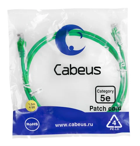 Cabeus PC-UTP-RJ45-Cat.5e-1.5m-GN Патч-корд U/ UTP, категория 5е, 2xRJ45/ 8p8c, неэкранированный, зеленый, PVC, 1.5м