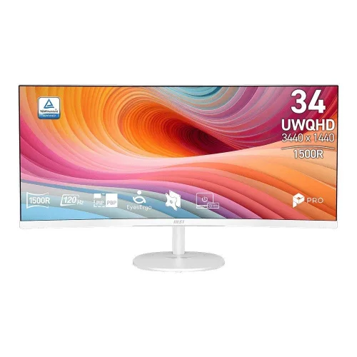 Монитор MSI PRO MP341CQW E12 34 21:9 UWQHD(3440x1440) VA Curve1500R, 1ms(MPRT), 3500:1,100M:1,300nit,178/ 178,2xHDMI 2.0,DP 1.4a,Tilt,Speaker,VESA,120Hz,White,1y w-ty (9S6-3PB2CT-211)