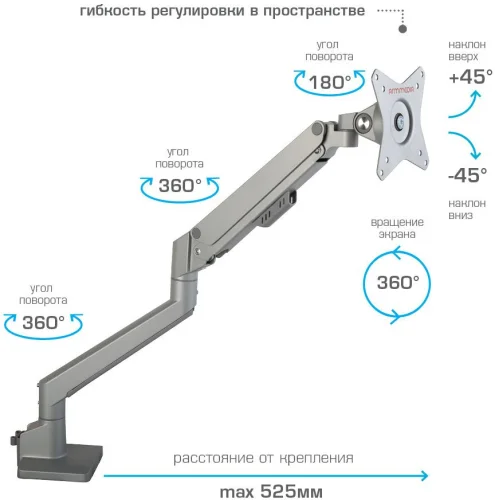 Кронштейн для мониторов Arm media LCD-T35 серебристый (настольный для мон.17-34, max 9 кг, 6 ст св., нак. ±45°, пов. ±180°, от стола 495 мм) (90392) фото 8
