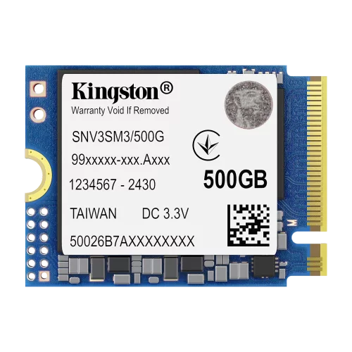 Твердотельный накопитель/ Kingston SSD NV3, 500GB, M.2(22x30mm), NVMe, PCIe 4.0 x4, 3D TLC, R/ W 5000/ 3000MB/ s, TBW 160, DWPD 0.2 (60 мес) (SNV3SM3/500G)