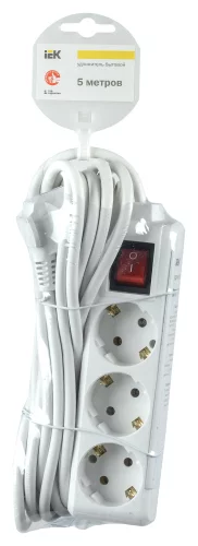 Сетевой удлинитель IEK У03К 5м (3 розетки) белый (пакет ПЭ) (WYP10-16-03-05-ZK-N) фото 2