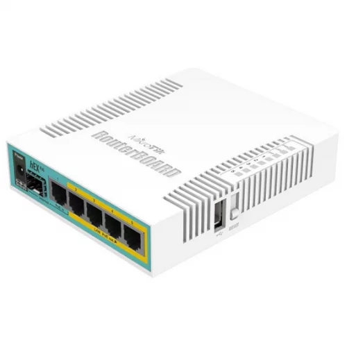 Маршрутизатор/ hEX PoE 5x Gigabit Ethernet with PoE output for four ports, SFP, USB, 800MHz CPU, 128MB RAM, RouterOS L4 (RB960PGS)