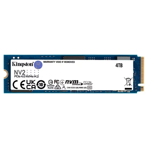 Твердотельный накопитель/ Kingston SSD NV2, 4000GB, M.2(22x80mm), NVMe, PCIe 4.0 x4, 3D TLC, R/W 3500/2800MB/s, TBW 1280, DWPD 0.3 (12 мес) (SNV2S/4000G)