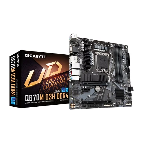 Q670M D3H DDR4, Socket 1700, Intel®Q670, 4xDDR4-3200, D-SUB+HDMI+DP, 2xPCI-Ex16, 1xPCI-Ex1, 4xSATA3(RAID 0/ 1/ 5), 2xM.2, 8Ch Audio, 2.5GLan, GLan, (2+4)xUSB2.0, (3+2)xUSB3.2, (1+1)xUSB3.2 Type-C™, 1xPS/ 2, mATX, RTL