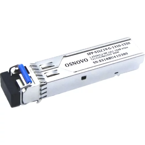 Oптический SFP модуль OSNOVO SFP-S1LC19-G-1310-1550 Оптический SFP Модуль. Одно волокно Single Mode. Скорость: до 1,25 Гбит/c. Тип разъема: LC. Оптический бюджет: 19дБ. Расстояние передачи - до 40км. Рабочая длина волны,нм
