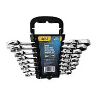 Набор комбинированных шарнирных ключей с трещоткой 8 шт Deli DL140208T размеры 8,10,12,13,14,15,17,19мм, сталь 40Cr, трещотка 50BV30 72 зуба, пластиковый кейс