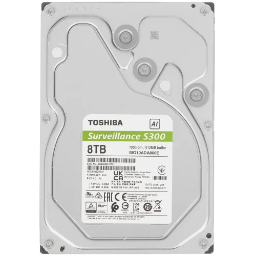 Жесткий диск/ HDD Toshiba SATA3 8Tb S300 AI Surveillance (CMR) 7200 512Mb 1 year warranty (replacement WD85PURZ, ST8000VX009) (MG10ADA800E-V)