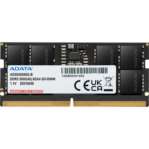 Модуль памяти ADATA OEM 8GB 5600 MHz DDR5 SODIMM AD5S56008G-S Non-ECC, CL45-46-46, 1.1V, RTL (AD5S56008G-S||OEM)