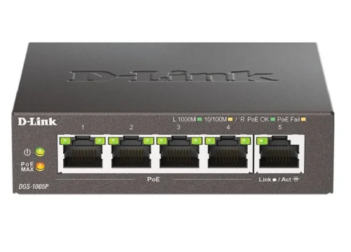 D-Link DGS-1005P/L (ревизия A1) Неуправляемый коммутатор с 5 портами 10/100/1000Base-T (4 порта PoE 802.3af/at, PoE-бюджет 60 Вт)