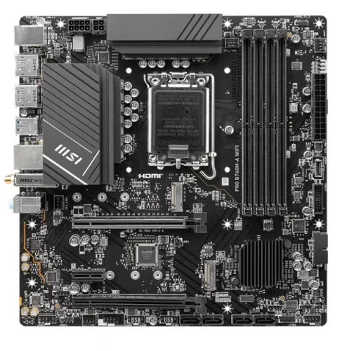 Материнская плата/ MB MSI INTEL B760 s1700, 4xDDR5(256GB), 2xHDMI 2.1/2xDP, 2xPCIe 4.0x16, 1xPCIe 3.0, 1xLAN (2.5GbE), Wi-Fi, BT, 4xSATA 6Gb/s, 2xM.2, 4xUSB 3.2, 2xUSB 2.0, 1xPS/2, mATX (PRO B760M-A WIFI)