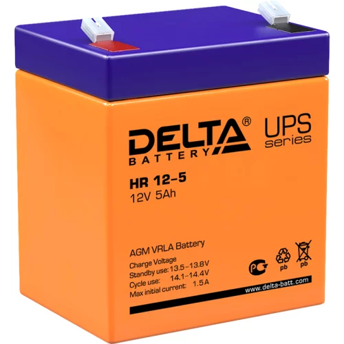 Батарея DELTA серия HR, HR 12-5, напряжение 12В, емкость 5Ач (разряд 20 часов), макс. ток разряда (5 сек.) 75А, макс. ток заряда 1.5А, свинцово-кислотная типа AGM, клеммы F2, ДxШxВ 90х70х101мм., вес 1.8кг., срок службы 8 лет./ Battery DELTA series HR, HR