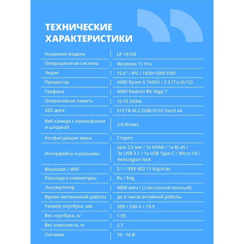 Ноутбук CBR LP-15109 15.6 FHD IPS Ryzen5 7430U / 16Gb / 512Gb / W11Pro (CBR-LP-15109-R5-16G512G-WP) фото 3