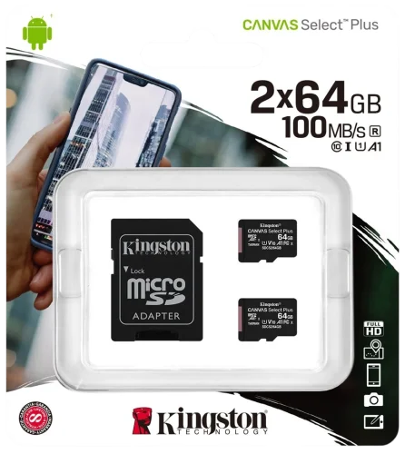 Карта памяти Kingston 64GB micro SDHC Canvas Plus 100R A1 C10 Two Pack + Single ADP/ Kingston 64GB MicroSD Canvas Select Plus 64GB micro SDHC Canvas Select Plus 100R A1 C10 Two Pack + Single ADP (SDCS2/64GB-2P1A)