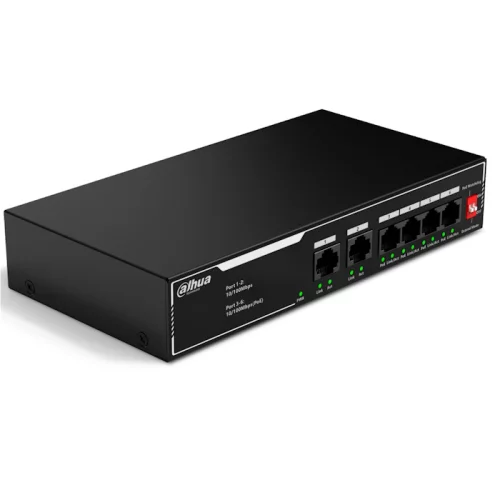 *Коммутатор Dahua DH-SF1006LP, 6-портовый неуправляемый коммутатор с РоЕ, 4xRJ45 100Mb PoE, 2xRJ45 100Mb uplink, суммарно 36Вт, коммутация 1.2 Гбит/ с, MAC-таблица 2K, металл