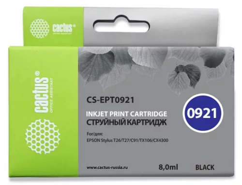 Картридж струйный Cactus CS-EPT0921 T0921 черный (8мл) для Epson Stylus C91/CX4300/T26/T27/TX106/TX109/TX117/TX119 с чипом
