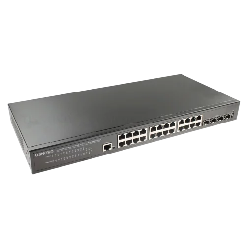 Коммутатор Gigabit Ethernet OSNOVO SW-24G4X-L2 Управляемый L2+ коммутатор Gigabit Ethernet на 28 портов. Порты: 24 x GE (10/100/1000Base-T) + 4 x 1G/10G SFP+ Uplink. Консольный порт, Уровень управления L2+. Поддержка Jumbo Frame