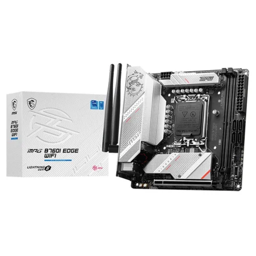 Материнская плата/ MB MSI INTEL B760 s1700, 2xDDR5(128GB), HDMI 2.1/DP, 1xPCIe 5.0x16, 1xLAN (2.5GbE), Wi-Fi, BT, 4xSATA 6Gb/s, 2xM.2, 1xUSB-C, 5xUSB 3.2, 2xUSB 2.0, mini ITX (MPG B760I EDGE WIFI)