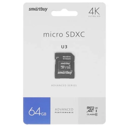 Micro SecureDigital 64GB Smartbuy Advanced Class 10/ U3/ V30/ A1; R/ W up to 90/ 55 (с адаптером SD) (SB64GBSDU1A-AD)