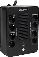 Источник бесперебойного питания SMARTWATT ИБП линейно-интерактивный, мощность 600/ 360 ВА/ Вт, напольный/ настенный, LED индикация, Shuko CEE7/ 4 - 8 шт. (4 шт. с резервным питанием, 4 шт. - сетевой фильтр), встроенные АКБ (UPS SAFE PRO 600)