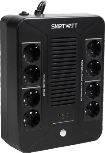 Источник бесперебойного питания SMARTWATT ИБП линейно-интерактивный, мощность 600/ 360 ВА/ Вт, напольный/ настенный, LED индикация, Shuko CEE7/ 4 - 8 шт. (4 шт. с резервным питанием, 4 шт. - сетевой фильтр), встроенные АКБ (UPS SAFE PRO 600)