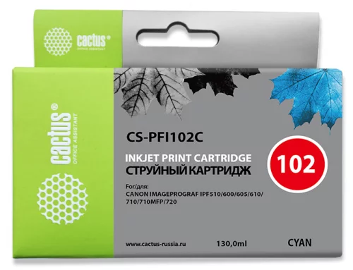 Картридж струйный Cactus CS-PFI102C PFI-102 C синий (130мл) для Canon IP iPF500/iPF600/iPF700/ MFP M40/iPF765/LP17/LP24 с чипом