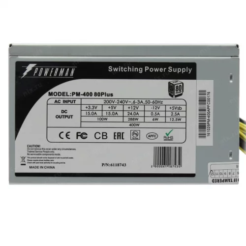 Блок питания Powerman PM-400ATX, 400W, APFC 80+, ATX 12V v2.2 / PS2, 24+8 pin, 24+4 pin, 20+4 pin, 2xMolex, 4xSATA, 12cm (6118743) фото 2