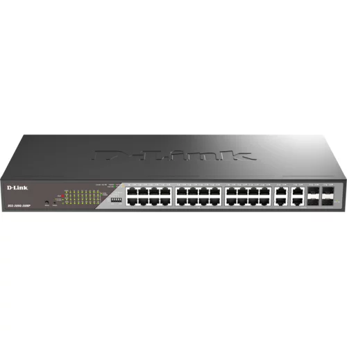 Сетевой коммутатор/ Smart L2 Surveillance Switch 24х1000Base-T PoE, 4xCombo 1000Base-T/SFP, PoE Budget 370W, Long-range PoE up to 250m (DSS-200G-28MP/A1A)