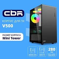 CBR Корпус mATX Minitower V500, без БП, 1*USB 3.0, 2*USB 2.0, HD Audio+Mic, закаленное стекло, Black [PCC-MATX-V500-WPSU]