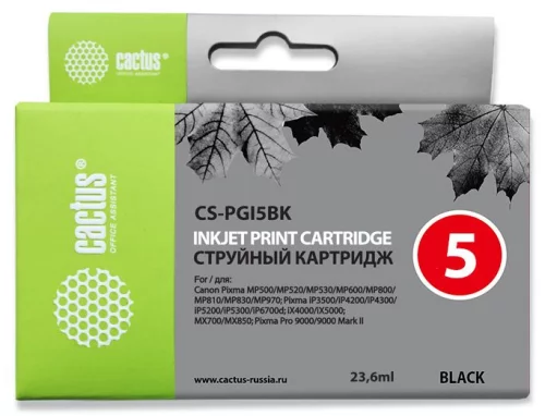 Картридж струйный Cactus CS-PGI5BK черный (23.6мл) для Canon Pixma MP470/MP500/MP520/MP530/MP600/MP800/MP810/MP830/MP979/iP3500/iP4200/iP4300/ iP5200/iP5300/iP6700D/MX700/MX850/iX4000/iX5000/Pro 9000/9000Mark II с чипом