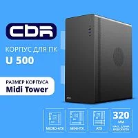 CBR Корпус ATX Miditower U500, без БП, 1*USB 3.0 Type-C, 1*USB 3.0, 1*USB 2.0, HD Audio+Mic, Black [PCC-ATX-U500-WPSU]