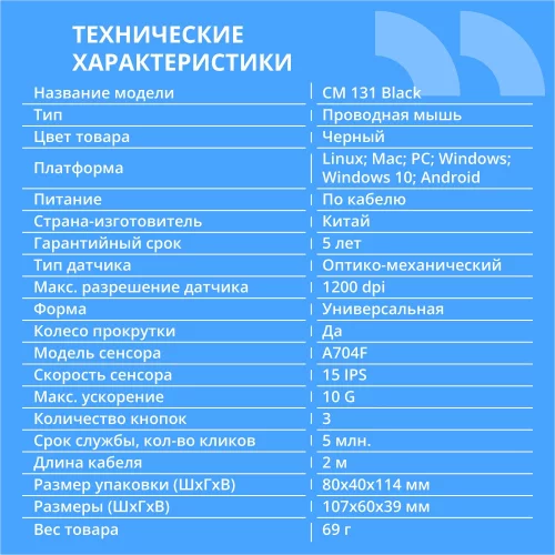 CBR CM 131 Black, USB, Мышь офисн., оптич., 1200 dpi, 3 кн., 2.0 м, резиновое колесо прокрутки, ABS-пластик фото 2
