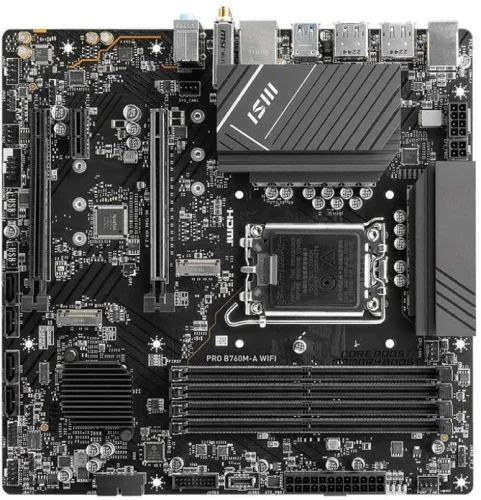 Материнская плата/ MB MSI INTEL B760 s1700, 4xDDR5(256GB), 2xHDMI 2.1/2xDP, 2xPCIe 4.0x16, 1xPCIe 3.0, 1xLAN (2.5GbE), Wi-Fi, BT, 4xSATA 6Gb/s, 2xM.2, 4xUSB 3.2, 2xUSB 2.0, 1xPS/2, mATX (PRO B760M-A WIFI) фото 6