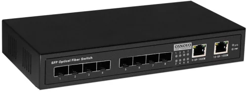 Коммутатор Gigabit Ethernet OSNOVO SW-7028 Коммутатор Gigabit Ethernet на 8 SFP + 2 RJ45 портов. Порты: 8 x GE SFP (1000Base-FX), 2 x GE (10/100/1000Base-T). Поддержка режима изоляции портов (VLAN). В комплекте БП DC12V (2A). Ра