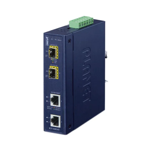 медиа конвертер/ PLANET IGT-2205AT IP30 Industrial 2-port 10/100/1000T to 2-port 100/1000/2500X SFP Media Converter(-40 to 75 degree C, dual 12~48V DC/24V AC, Fiber ports Switch/Redundant mode DIP swi