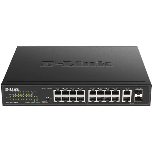 D-Link Unmanaged Switch 16x100Base-TX PoE, 2xCombo 1000Base-T/ SFP, PoE Budget 247W, Long-range PoE up to 250m, metal case (DES-1018MPV2/ A1A) (DES-1018MPV2/A1A)