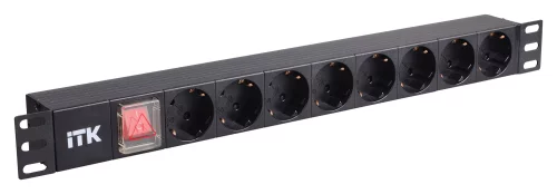 ITK PDU 8 розеток DIN49440 (нем. cтанд.) с LED выключателем, 1U, шнур 2м вилка DIN49441 (нем. станд.), алюминиевый профиль, черный (PH12-8D1)