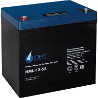 Battery Parus Electro, professional series HML-12-55, voltage 12V, capacity 55Ah (discharge 10 hours), max. discharge current (5sec) 550A, max. charge current 16.5A, lead-acid type AGM, terminals for M6 bolt, LxWxH 229x138x208mm., full height with termina