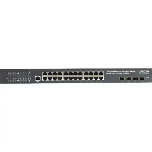 PoE Коммутатор OSNOVO SW-24G4X-1L Управляемый L3 PoE коммутатор на 24xGE RJ-45 c PoE + 4х10G SFP+ порта. Порты: 2 x GE (10/100/1000 Base-T) с PoE (до 90W, A+B) + 22 x GE (10/100/1000 Base-T) с PoE (до 30W), 4 x 1G/