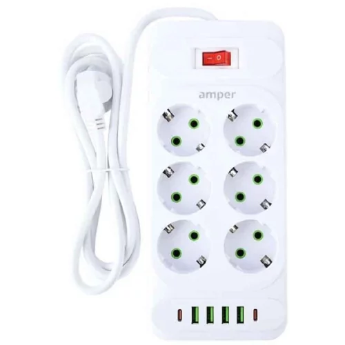 Amper сетевой удлинитель, 4,0м, 6 розеток, 10А, 2500 Вт, 4usb,2Type-C, белый. (JH-1076U-4W)