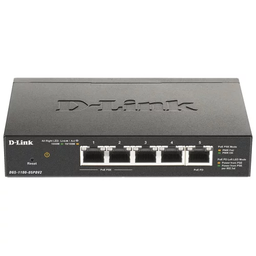Коммутатор/ EasySmart L2 Switch 4х1000Base-T (2x1000Base-T PoE), 1x1000Base-T PD PoE, PoE Budget 18W, PD PoE power only (DGS-1100-05PDV2/A1A)