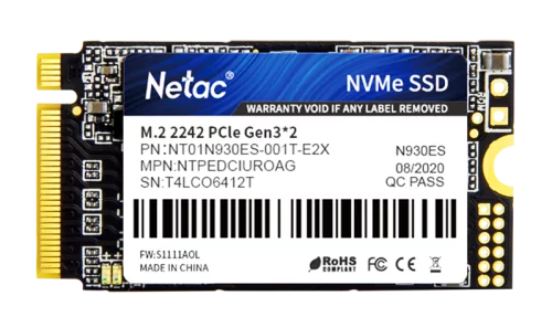 Netac SSD N930ES 1TB PCIe 3 x2 M.2 2242 NVMe 3D NAND, R/ W up to 1650/ 1500MB/ s, TBW 600TB, 3y wty (NT01N930ES-001T-E2X)